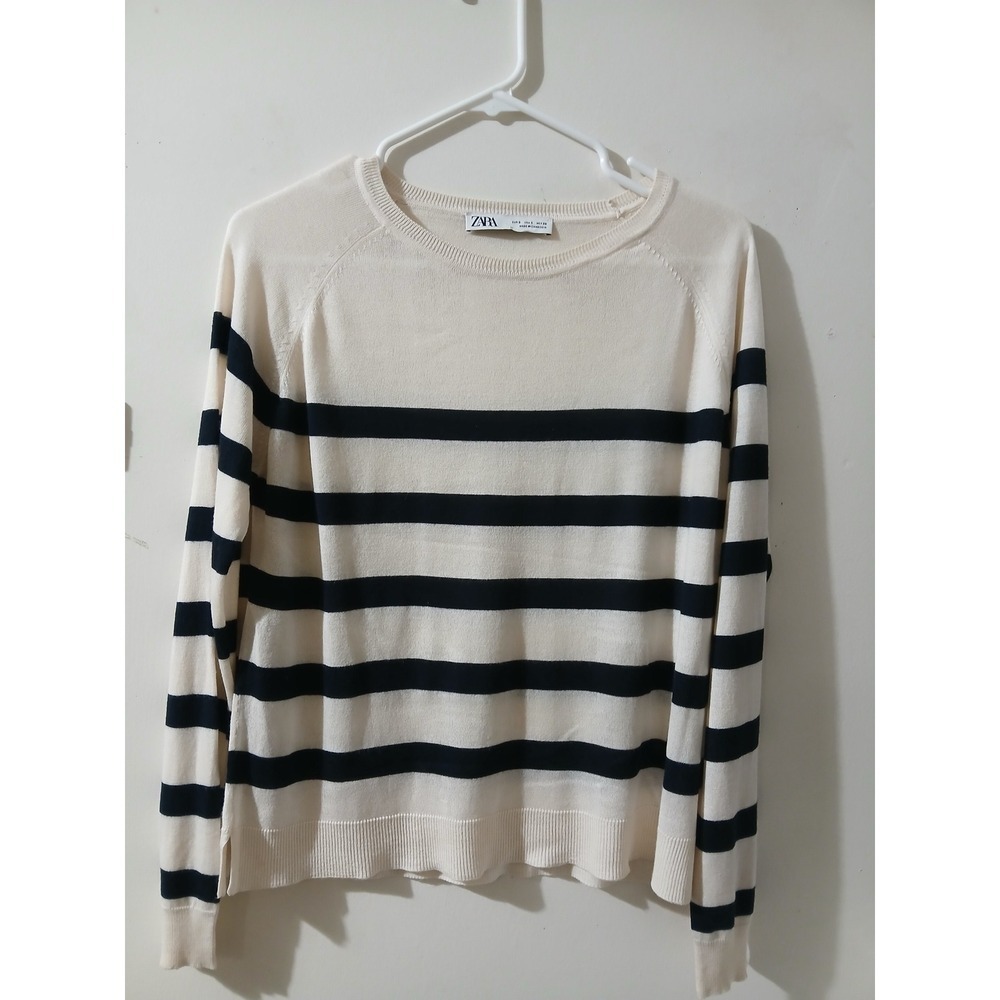 Zara Womens Striped Raglan Long Sleeve Crew Neck Knit Sweater Cream Navy Small
